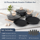 SODAY 12 Pcs Pots and Pans Set Non Stick, Cookware Sets Black Granite Induction Cookware, Non-toxic Healthy Nonstick Kitchen Cooking Set with Frying Pans Set, Saucepans (PFAS/ PFOA/ PFOS Free)