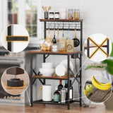 Furologee Kitchen Bakers Rack with Power Outlet, Microwave Oven Stand with Storage 4 Tiers, Coffee Bar Table with 6 S Hooks, Kitchen Storage Shelf Rack for Spices, Pots, Rustic Brown