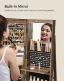 SONGMICS 6 LEDs Lockable Mirror Jewelry Cabinet, 360° Swivel Jewelry Organizer Armoire Standing, Frameless Full-Length Mirror, 3 Storage Shelves, Rustic Brown Surface, Black Lining UJJC007X01