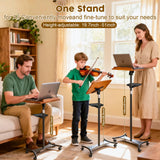 2 in 1 Dual-use Music Stand & Desktop Book Stand, Adjustable Height 16.5"-51", 100% Solid Wood Laptop Floor Stand Book Holder with Elastic Page Clips for Cookbooks (Brown with Tray and Wheels)