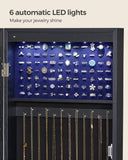 SONGMICS 6 LEDs Mirror Jewelry Cabinet, 47.2-Inch Tall Lockable Wall or Door Mounted Jewelry Armoire Organizer with Mirror, 2 Drawers, 3.9 x 14.6 x 47.2 Inches, Black UJJC093B01