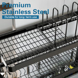LIVOD Over The Sink Dish Drying Rack,3 Tier Adjustable Length Full Stainless Steel Large Storage Kitchen Dish Rack,for Kitchen Counter Expandable Multifunctional Organizers,Silver (25.5'' to 37.6'')