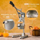 CO-Z Manual Citrus Juicer, Commercial Grade Cast Iron Orange Juicer, Professional Heavy Duty Juice Press with Removable Strainer, Manual Juice Extractor for Orange Lemon Pomegranate Citrus, Gray