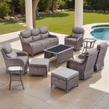 moosprr Luxury High Back Outdoor Furniture with 6-inch Extra Thick Cushions, Patio Furniture Set with Swivel Chairs, 10 PCS Wicker Conversation Set for Yard, Deck, Poolside, Brown/Grey