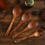 Wooden Kitchen Cooking Utensils Set, NAYAHOSE 7 Pcs Natural Teak Wooden Spoons and Spatulas for Non-stick Pan