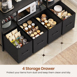 Itaar Bakers Rack with Power Outlet and LED Light, 47.2'' Microwave Stand with Storage, Kitchen Coffee Bar Cabinet with Glass Door, 4 Drawer, Wine Rack, Goblet Holder and 12 Hooks, Black