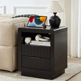 YANSNWO Black Nightstand with Charging Station, 23.6" H Modern Bedside Table with Thickened Curved Profile Design, End Table with 2 Drawers for Bedroom