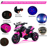 12V Electric Kids Motorcycle for 3-8 Year Old Boys Girls, 3-Wheel Ride-On Toy Motorbike with Lighting Wheels, Music Player (Connect with Phone) and Hand Drive (Pink)