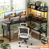 Aheaplus L Shaped Gaming Desk with Power Outlets & LED Lights, Small L- Shaped Desk Computer Corner Desk with Monitor Stand & Storage Shelf, Home Office