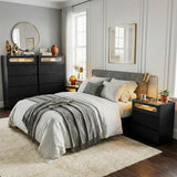 NightStand Set of 2 with Charging Station,with LED Lights and Tempered Glass Panel,Modern Bedside Tablewith 2 Fluted Drawers and One Glass Drawer,Hidden Handles End Table,Bedroom of Nightstand(Black)