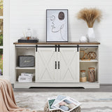 AMERLIFE 59" Fireplace TV Stand for TVs up to 65", Farmhouse Entertainment Center with Sliding Barn Doors, Storage Cabinets and Adjustable Shelves, Distressed White & Barnwood