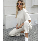 SeeLuNa Women's Two Piece Outfits 3/4 Batwing Sleeve Capelet Crew Neck Pullover Top Wide Leg Pants Lounge Set(Light Gray,S)