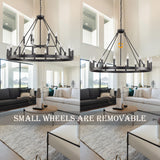 ELGOBST Wagon Wheel Chandelier 40In 22-Light Height Adjustable Large Modern Industrial Black Farmhouse Chandeliers and Dining Room Living Room Ceiling Pendant Island Light Fixture