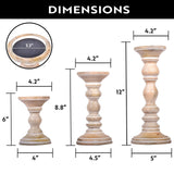 Mela Artisans Wooden Pillar Candle Holders | Willow Design | Set of 3 Mango Wood Candlesticks | Whitewash | Sizes 6" & 9" &12" | Table Decor | Centerpiece | Mantel | Wedding | Living Room Decor