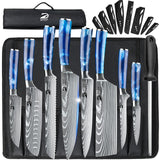 Dfito Chef Knife Sets with Roll Bag, 9 Pieces Professional Knife Set, High Carbon Stainless Steel Kitchen Chef Knife Set, Blue Resin Handle, Dishwasher Safe