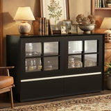 47.24" Solid Wood Storage Cabinet with Glass Doors and Drawers, Black Sideboard Organizer for Living Room, Dining Room, Entryway, Kitchen or Home Office