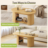 STHYTON Extendable Coffee Table, 47.2 Inches Modern Center Table with 2-Tier Hidden Storage Shelf, Oval Fluted Coffee Table for Living Room, Office, Natural
