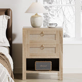 Curlaky Rattan Night Stand with Drawers - Boho Nightstand with Charging Station, Bedside Table with Storage Shelf, Accent Side Table End Tables Living Room, Wood Nightstands for Bedroom, Light Wood