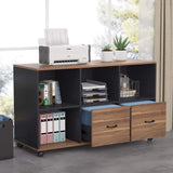 2 Drawers Lateral File Cabinets, Home Office 43-inch Mobile Wood Cabinet Credenza Printer Stand with Wheels and Open Storage Shelves