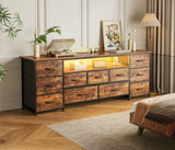 Huuger 63 Inch TV Stand for 65, 70 Inch TV, 11 Drawer Long Dresser with Power Outlets and LED Lights, Entertainment Center with Storage, Rustic Brown Dresser with PU Leather Surface