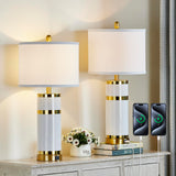 BLHDZJR Ceramic White Gold-Plated Decorative 28" Table Lamps Set of 2 with E26 Socket&Rotary Switch,USB A+C Ports,Modern Bedside Lamps for Nightstand,Bedroom,Living Room,Decoration,Office(Bulbs in)
