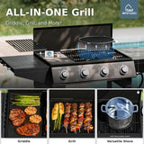 MFSTUDIO 3-in-1 Stove and Griddle Combo Gas Grill 4-Burner Propane Grills 52,000 BTU High Output for Outdoor Patio Barbecue and Meals