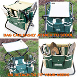 7-Piece Gardening Tool Set – Stainless Steel Tools with Wooden Handles, Folding Stool, and Canvas Tote Bag, Green and White