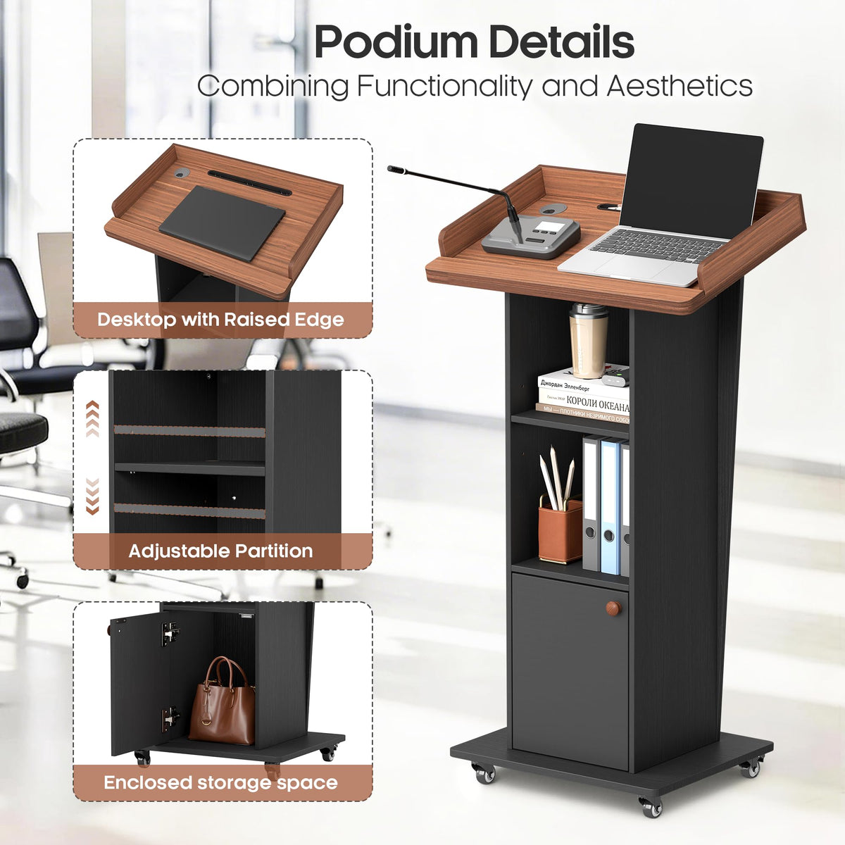 Baoz 15° Tilted Podium Stand with Storage & Lockable Wheels, Wooden Le ...