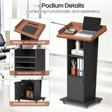 Baoz 15° Tilted Podium Stand with Storage & Lockable Wheels, Wooden Lectern with Adjustable Shelf,