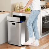 GarveeHome 14.8 gal Dual Compartment Step Trash Can, Stainless Steel Kitchen Bin with Butterfly Lid & Foot Pedal, 2x7.4 gal, Silver