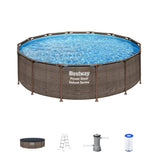 Bestway Power Steel 14’ x 42” Above Ground Pool, Round Metal Frame Outdoor Swimming Pool Set with Filter Pump, Ladder, and Cover, Brown