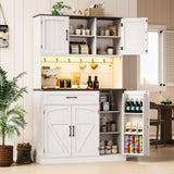 ONBRILL 71" Pantry Cabinet, Kitchen Pantry Storage Cabinet with LED Light & Outlet, Kitchen Hutch with Microwave Shelf & 6 Hook, Door Shelf & Drawer & Adjustable Shelf, Dining Room, Off White+Walnut