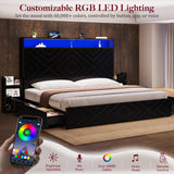 Uteeran Queen Size Bed Frame with 2 Bedside Storage Racks & 4 Locking Drawers, 51.2" Tall Headboard with Charging Station & RGB LED Lights, Farmhouse Platform Bed Frame, No Box Spring Needed, Black