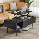 Lift Top Coffee Table with Hidden Storage and Open Shelf, Modern Wood Coffee Table for Living Room, Rising Tabletop Center Table for Small Spaces, Black Multifunctional Cocktail Table