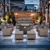 Luxury High Back Outdoor Furniture with 6-inch Extra Thick Cushions, Patio Furniture Set with Fire Pit Table & Swivel Chairs, 9 PCS Wicker Conversation Set for Yard, Deck, Poolside, Brown/Grey
