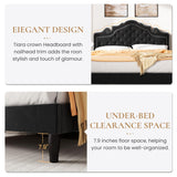 SHA CERLIN Full Size Bed Frame with Adjustable Headboard/Velvet Upholstered/Diamond Button Tufted and Metal Studs/No Box Spring Needed/Wood Slat Support/Easy Assembly/Black