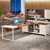 70.8-Inch Executive Desk with 55-Inch File Cabinet, Large L Shaped Computer Desk | Walnut & White Tribesigns