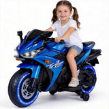 Kids Electric Motorcycle, 12V Kids Ride on Car LED Lights, Music Player & Horn with Training Wheels, Pedal, MP3, USB Port, Electric Motorcycle for Children Ages 3+, Gift for Boys & Girls（Blue）