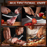 Huusk Japan Ulu Knife with Sheath - Christmas Gift for Men and Women - Hand Forged Caveman Ultimo Knife with Full Tang Wooden Handle - BBQ Knives for Vegetables, Fruit, Pizza - Gifts for Mom