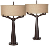 Franklin Iron Works Tremont Mid Century Modern Industrial Table Lamps 31.5" Tall Set of 2 Rich Bronze Iron Burlap Fabric Drum Shade for Living Room Bedroom House Bedside Nightstand Home Office