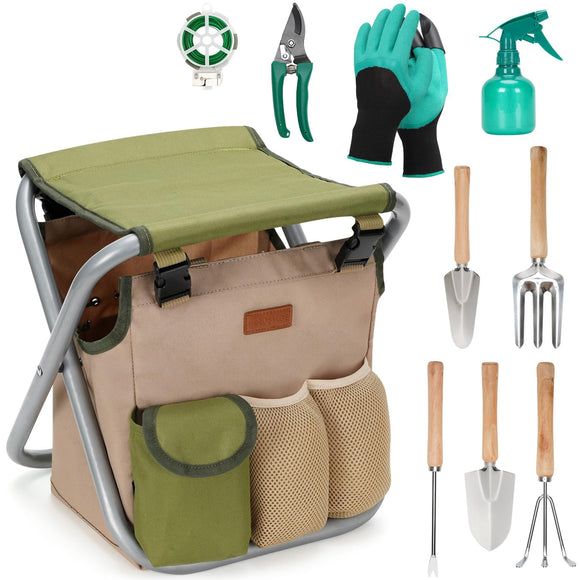 10 Piece Gardening Hand Tools Set with Garden Storage Tote Bag and Seat-Best Garden Tools Kit Organizer