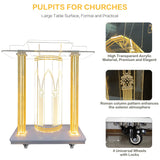 Church Pulpit, Acrylic Pulpit with Wheels,Led Church Podium with Rollers& Vertical Reading Platform