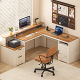 63" Farmhouse L Shaped Executive Desk with Drawers & Storage Shelf,