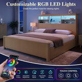 Uteeran Queen Size Bed Frame and Tall Headboard & Storage, Metal Platform Bed Frame with 4 Storage Drawers, Queen Bed Frame with LED Lights & Charging Ports, No Box Spring Needed, Noise-Free, Natural