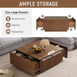 Merax Modern Wood Square Coffee Table with 4 Hidden Storage Drawers, 33.25" Minimalist Center Tables for Living Room, Easy Assembly, Walnut