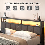 E-Motie King Size Bed Frame with LED Lights and Charging Station, Wood Storage Headboard with 2-Tier Shelves, Heavy Duty Metal Slats, No Box Spring Need, Noise Free, Easy Assembly, Light Grey
