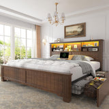 EnHomee King Size Bed Frame and Headboard & Storage,4 Drawers and LED Built in Charging Station with Storage Farmhouse,Noise-Free,No Box Spring Needed,Brown