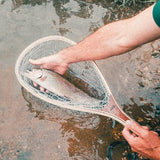 RHINR Landing Net for Fly Fishing, Trout Fishing Soft Rubber Catch and Release Fish Net with Wooden Handle (White Net)