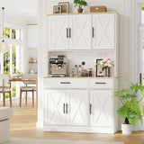 Vongrasig Kitchen Pantry with Charging Station, Tall Farmhouse Pantry Cabinet with Microwave Stand, Storage Drawers & Shelves, Large Kitchen Hutch for Living Room, Dining Room, White