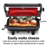 Hamilton Beach Panini Press Sandwich Maker & Electric Indoor Grill with Locking Lid, Opens Wide to Fit Any Thickness for Quesadillas, Burgers & More, Nonstick 8" x 10" Grids, Red (25462Z)